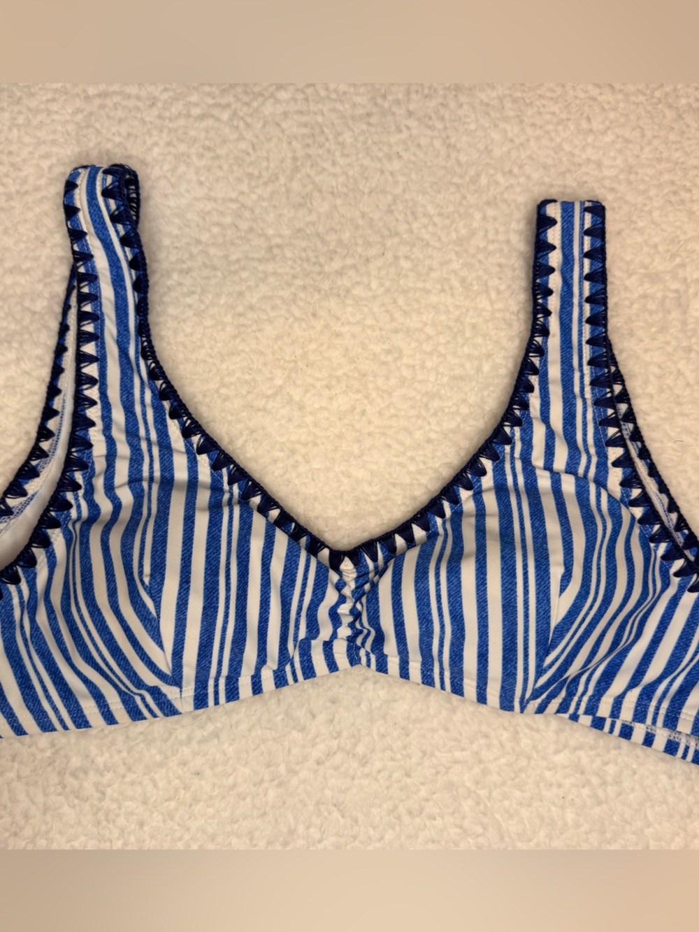 No Boundaries Blue & White Striped Bikini Top with Navy Trim